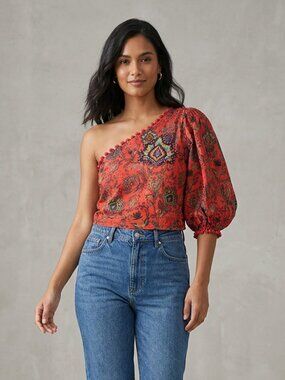 Anthropologie Farm Red Floral Off Shoulder Crop Top